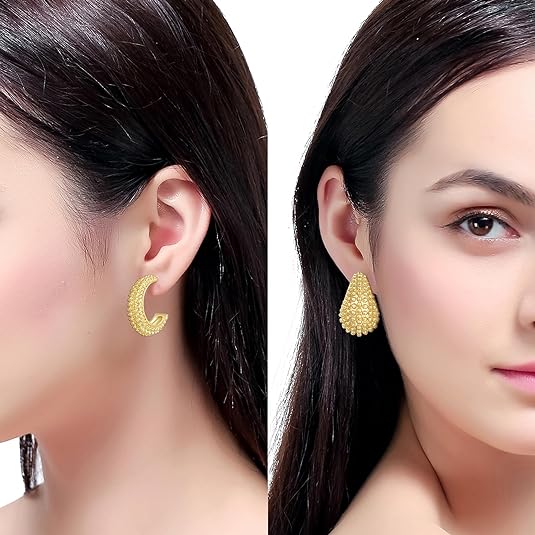 2 Pairs Earrings Set for Women, Lightweight Hollow Gold Hoops. Silver Hoop Earrings, 14k Gold Teardrop Hoop Earrings, Rhinestone Waterdrop Earrings Set