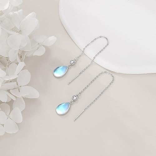 ONE: Exquisite Threaded Color: MOONSTONE Dangle Earrings 925 Sterling Silver