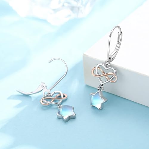 ONE:  Exquisite HEART STAR  Color: MOONSTONE  Dangle Earrings 925 Sterling Silver