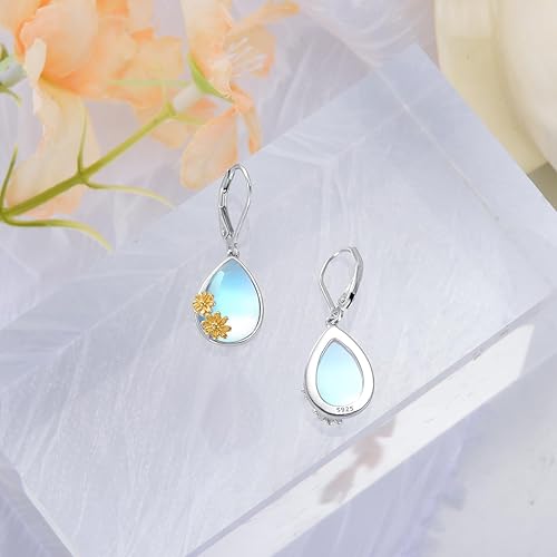 ONE:  Exquisite Daisy Color: MOONSTONE  Dangle Earrings 925 Sterling Silver