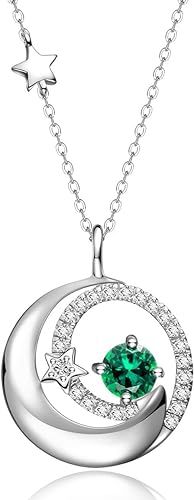 ONE :💎925 Sterling Silver Created Emerald Moon and Star Pendant Necklace Fine Jewelry 💎