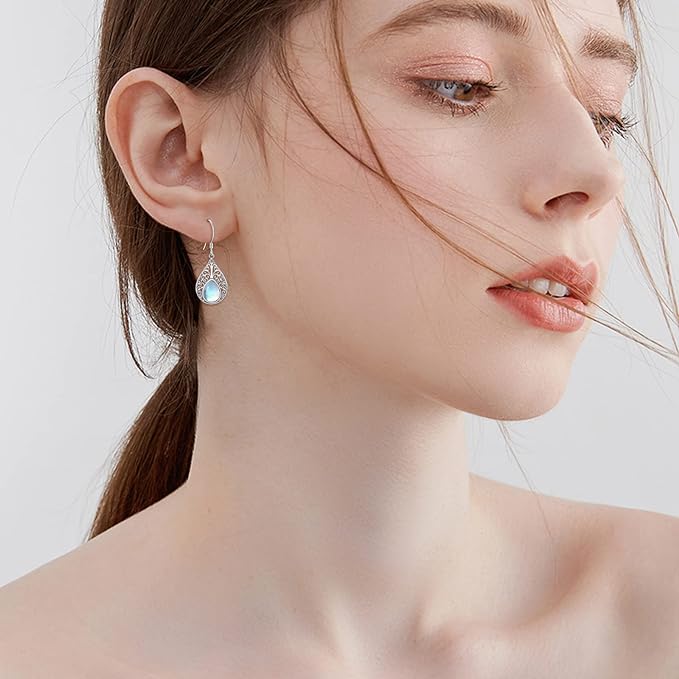 ONE:  Exquisite TEAR DROP Color: MOONSTONE Dangle Earrings 925 Sterling Silver