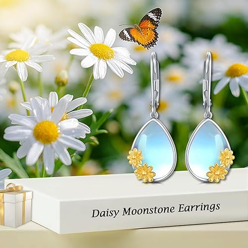 ONE:  Exquisite Daisy Color: MOONSTONE  Dangle Earrings 925 Sterling Silver