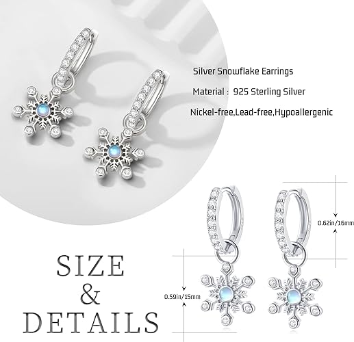 ONE:  Exquisite Snow Flake's Hoop Color: MOONSTONE  Dangle Earrings 925 Sterling Silver