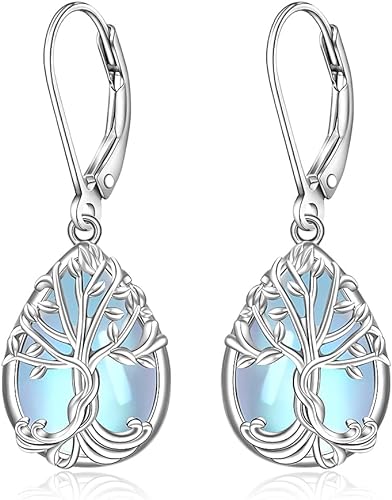 ONE: Exquisite Tree Color: MOONSTONE Dangle Earrings 925 Sterling Silver