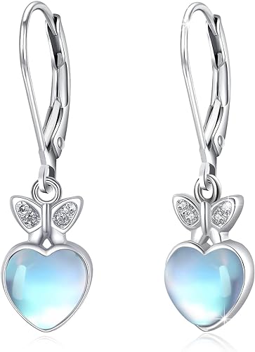 ONE: Exquisite HEART Butterfly Color: MOONSTONE Dangle Earrings 925 Sterling Silver