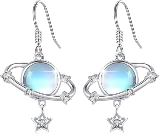 ONE: Exquisite Stud PLANET STARS Color: MOONSTONE Dangle Earrings 925 Sterling Silver