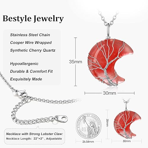 ONE: 💓July-Synthetic Cherry Quartz Crescent Moon Crystal Necklace 925 Sterling Silver