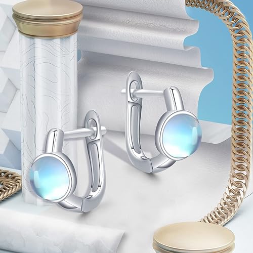 ONE:  Exquisite  U-shape Huggie Color: MOONSTONE  Earrings 925 Sterling Silver