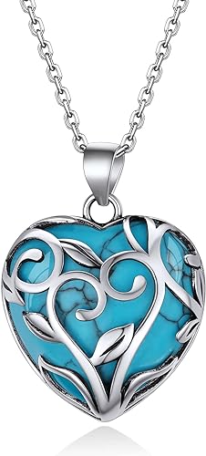 ONE: 💓December-Synthetic Blue Turquoise Heart Crystal Necklace 925 Sterling Silver