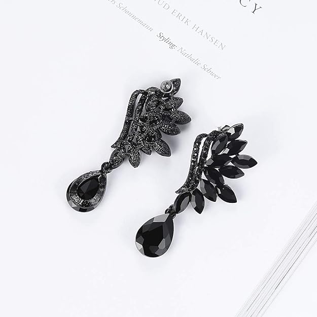 ONE PAIR: Vintage Floral Teardrop Butterfly Wing Black Austrian Crystal Drop Dangle Earrings for Women