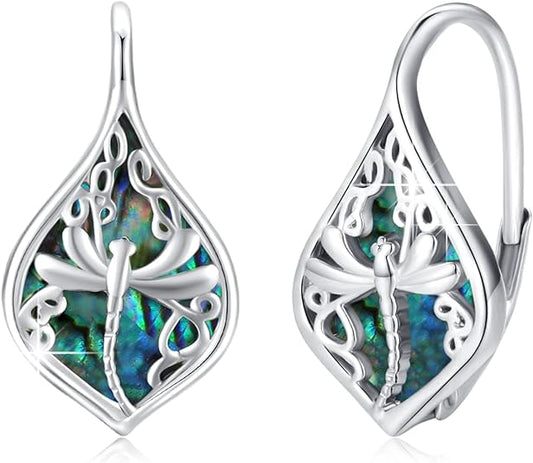 ONE: 925 Sterling Silver Abalone Dragonfly Dangling Earrings Design