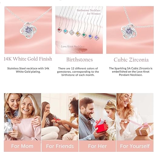 ONE :💎 Birthstone Necklace Gifts For Women, Love Knot Pendant Birthstone Jewelry 18 Inch Silver Chain JUNE