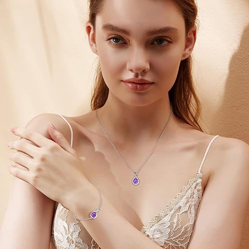 Color: Feb. Amethyst ONE: Birthstone Necklace Gifts For Women, Love Pendant Birthstone Jewelry 16+2 inch Silver Chain FEB