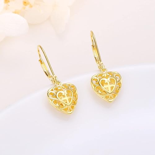 ONE:  Style: YELLOW GOLD Heart CROSS Dangle Earrings 925 Sterling Silver