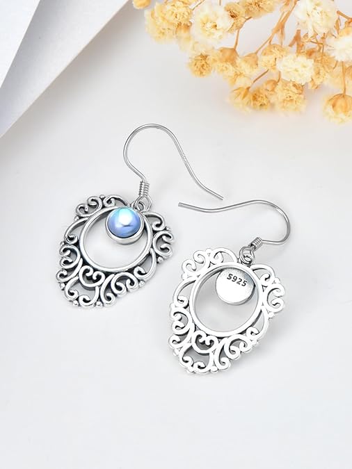 ONE:  ROUND DROP Earrings Color: Moonstone Dangle Earrings 925 Sterling Silver