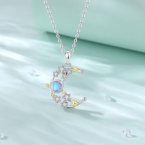 ONE :ONE :💎 Silver Sun and Moon Stars Moonstone Pendant Necklace 💎 925 Sterling Silver White Gold Plated