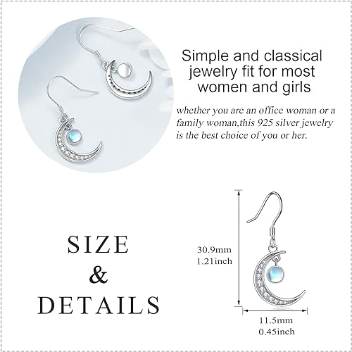 ONE: Exquisite MOON & STARS Color: MOONSTONE Dangle Earrings 925 Sterling Silver