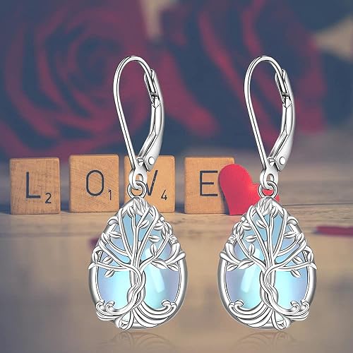 ONE: Exquisite Tree Color: MOONSTONE Dangle Earrings 925 Sterling Silver