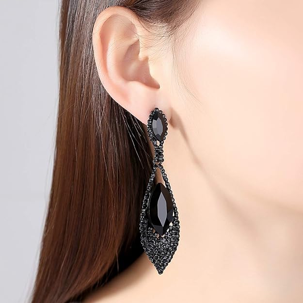 ONE PAIR: Vintage Floral Teardrop Butterfly Wing Black Austrian Crystal Drop Dangle Earrings for Women