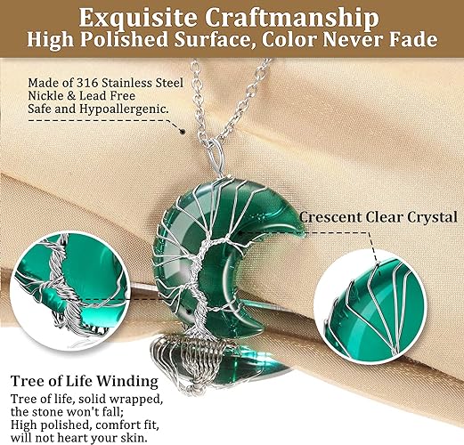 ONE: May-Synthetic Emerald Crescent Moon Crystal GREEN Necklace 925 Sterling Silver Necklace