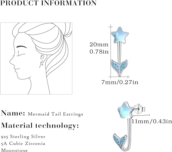 ONE:  Exquisite Star Mermaid Tale  Color: MOONSTONE  Dangle Earrings 925 Sterling Silver