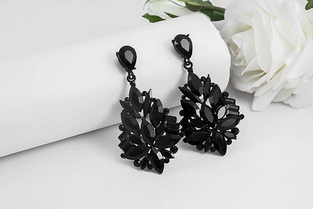 ONE PAIR: Vintage Floral Teardrop Butterfly Wing Black Austrian Crystal Drop Dangle Earrings for Women