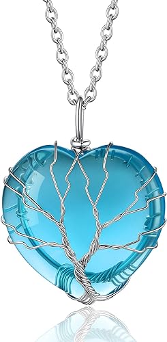 ONE: 💓Heart Tree Aquamarine Crystal March Necklace 925 Sterling Silver Necklace