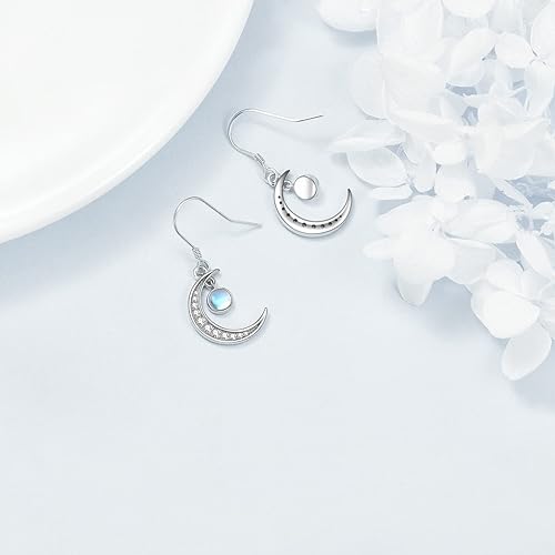 ONE: Exquisite MOON & STARS Color: MOONSTONE Dangle Earrings 925 Sterling Silver