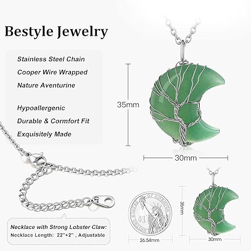 ONE: 💓August-Nature Aventurine Crescent Moon Crystal Necklace 925 Sterling Silver