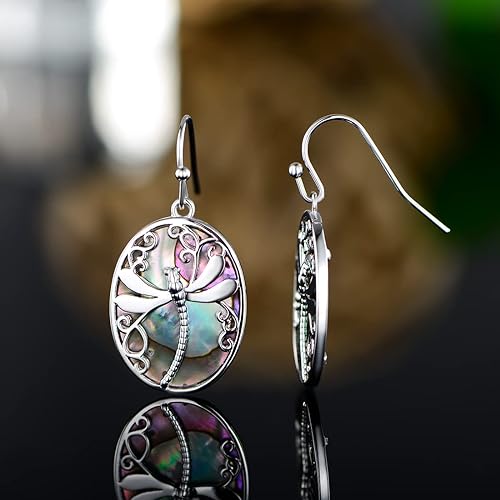 ONE: 925 Sterling Silver 18K White Gold Plated Abalone Dragonfly Dangling Earrings Design