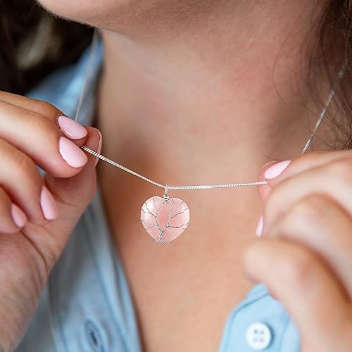 ONE: 💓October-Nature Rose Quartz Heart Crystal Necklace 925 Sterling Silver