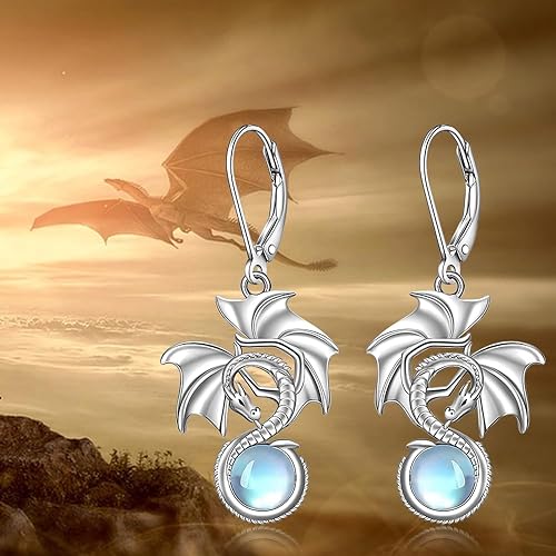 ONE: Exquisite Dragon Color: MOONSTONE Dangle Earrings 925 Sterling Silver