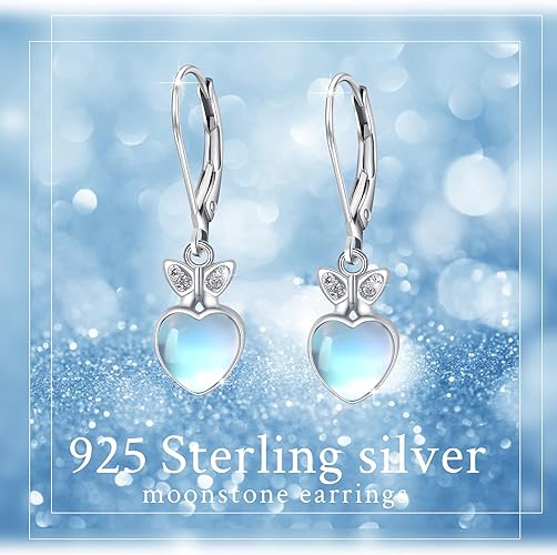 ONE: Exquisite HEART Butterfly Color: MOONSTONE Dangle Earrings 925 Sterling Silver