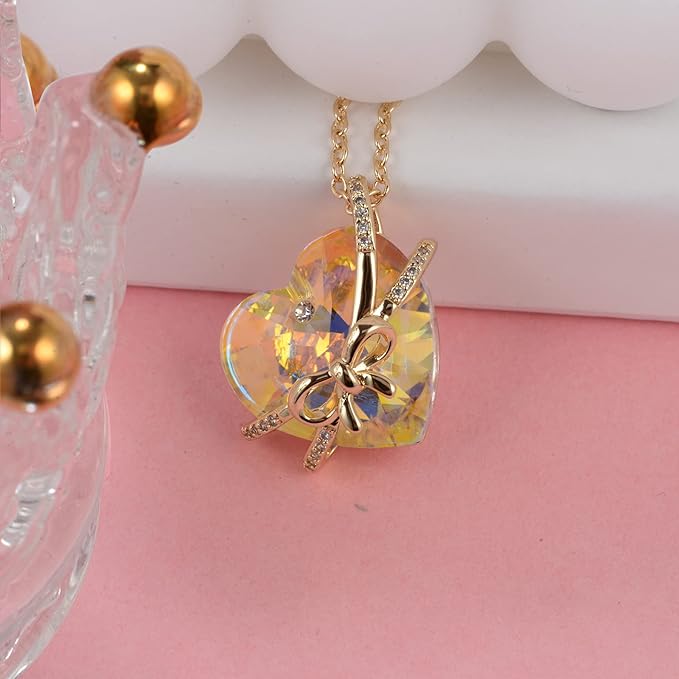 ONE :💎Elegant 2 GOLD YELLOW Heart Pendant Necklace was made of blue crystal, which sparkles all the time