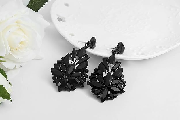 ONE PAIR: Vintage Floral Teardrop Butterfly Wing Black Austrian Crystal Drop Dangle Earrings for Women