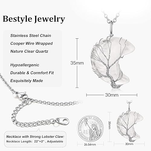 ONE: April-Nature Clear Quartz Crescent Moon Necklace 925 Sterling Silver Necklace