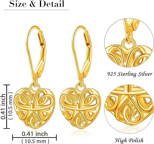 ONE:  Style: Interlocking HEART YELLOW GOLD Dangle Earrings 925 Sterling Silver