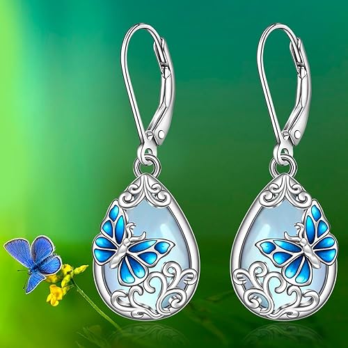 ONE: Exquisite Butterfly Color: MOONSTONE Dangle Earrings 925 Sterling Silver