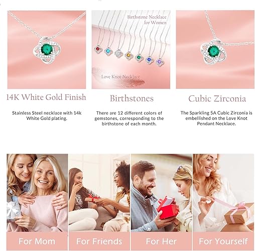ONE :💎 Birthstone Necklace Gifts For Women, Love Knot Pendant Birthstone Jewelry 18 Inch Silver Chain