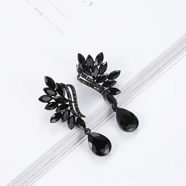 ONE PAIR: Vintage Floral Teardrop Butterfly Wing Black Austrian Crystal Drop Dangle Earrings for Women