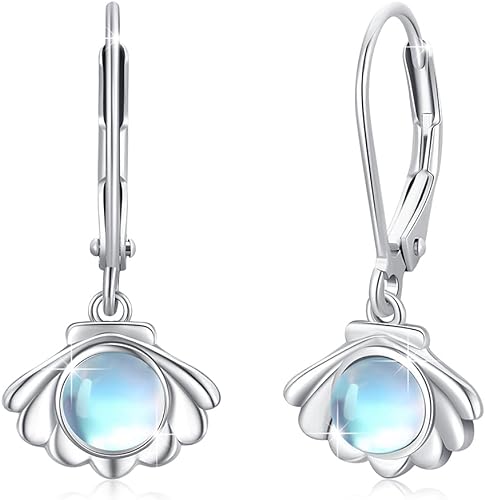 ONE: Exquisite Shells Color: MOONSTONE Dangle Earrings 925 Sterling Silver