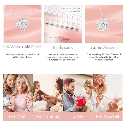 ONE :💎 Birthstone Necklace Gifts For Women, Love Knot Pendant Birthstone Jewelry 18 Inch Silver Chain APRIL