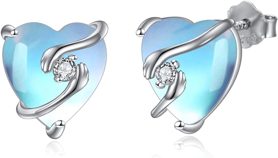 ONE: Exquisite HEART HANDS Color: MOONSTONE Dangle Earrings 925 Sterling Silver