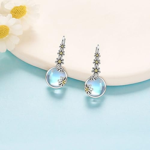 ONE:  Exquisite Daisy's Color: MOONSTONE  Dangle Earrings 925 Sterling Silver