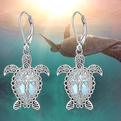 ONE: Exquisite Turtles Color: MOONSTONE Dangle Earrings 925 Sterling Silver