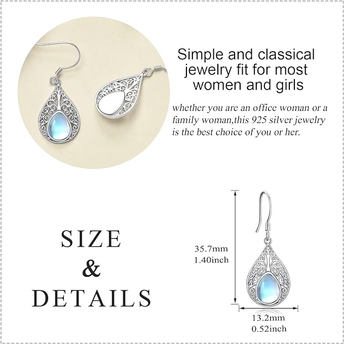ONE:  Exquisite TEAR DROP Color: MOONSTONE Dangle Earrings 925 Sterling Silver