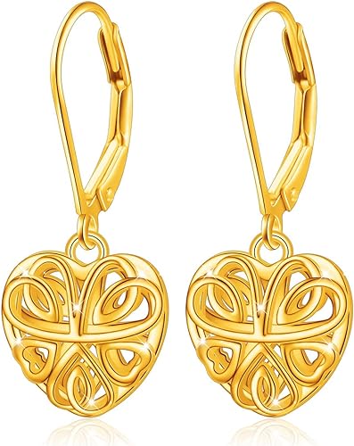 ONE:  Style: Interlocking HEART YELLOW GOLD Dangle Earrings 925 Sterling Silver