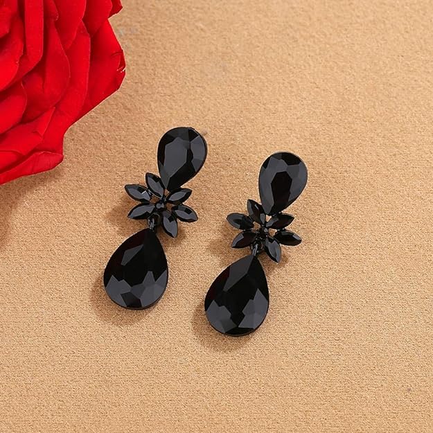 ONE PAIR: Vintage Floral Teardrop Butterfly Wing Black Austrian Crystal Drop Dangle Earrings for Women