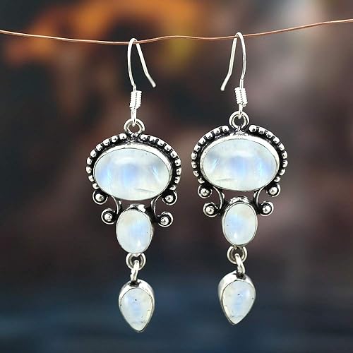 ONE: Exquisite Color: MOONSTONE Dangle Earrings 925 Sterling Silver